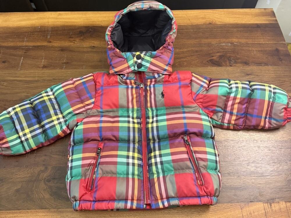 RALPH LAUREN POLO CHILD PLAID PUFFER JACKET SIZE 2T WITH DETACHABLE ZIPPER HOOD